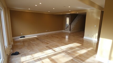 Wall Mural - Newly finished hardwood floor in a spacious living room with recessed lighting and a staircase.