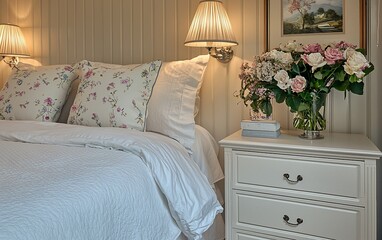 Canvas Print - Serene bedroom, floral bouquet, bedside table, calm background, home decor