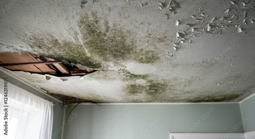 Structural Neglect Water damage and mold accumulation on ceiling of a room reflecting ...