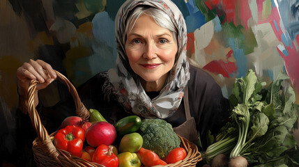 Wall Mural - Russian babushka with a basket of vegetables