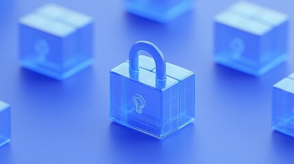 Wall Mural - Transparent blue padlock surrounded by other blue padlocks on a vibrant blue background representing security concepts