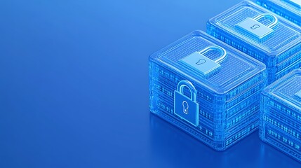 Wall Mural - Transparent digital storage boxes with lock icons on a blue background illustrating data security and protection