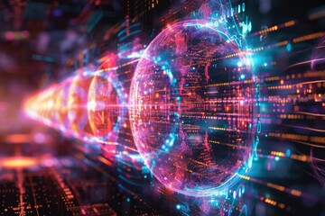 Futuristic data stream technology network ai connection abstract innovation cyber digital flow system circuit data transmission.