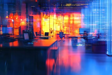 Wall Mural - modern neon cyberpunk office interior blurred with information technology overlay, representing corp