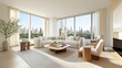 © PixelPlace - minimalist, living room, interior, design. A modern, stylish living room with large windows, offering a view of the city skyline, featuring comfortable furniture and elegant decor.