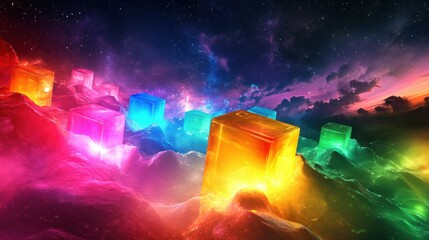 Wall Mural - futuristic abstract landscape with glowing cubes, vibrant colors, surreal and mysterious, isolated o