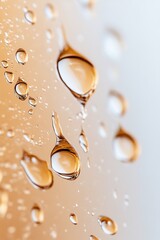 Wall Mural - Close-up of golden water droplets gather on a glass surface, showcasing a beautifully blurred background. This captures an elegant minimalist aesthetic with delicate details