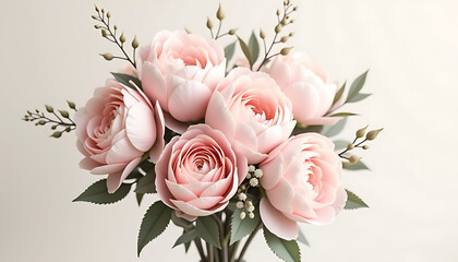 Wall Mural - Pink roses bouquet with leaves on soft background