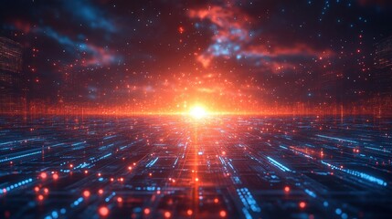 Wall Mural - technology background featuring digital grids and illuminated pathways