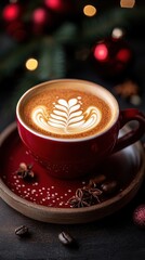 Canvas Print - Cozy coffee cup with beautiful latte art and festive decorations during winter holiday season