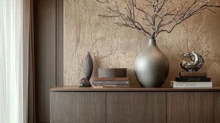 Wall Mural - A stylish decor arrangement featuring a vase, branches, and books on a wooden surface.