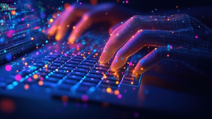 Abstract hands typing on glowing laptop keyboard.