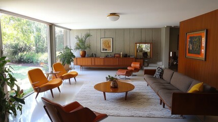 Wall Mural - A stylish mid-century modern living room with large windows and elegant furniture.