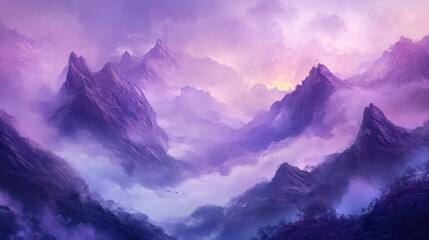 Poster - A serene mountain landscape with purple hues and mist, evoking tranquility and beauty.