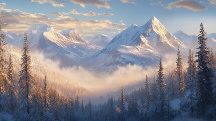 Poster - A serene mountain landscape with snow-capped peaks and misty valleys during sunset.