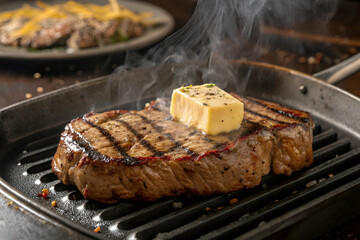 Food Styling for Advertising, A juicy steak with grill marks topped with melting butter, emitting a tantalizing steam, showcasing a delicious culinary delight.