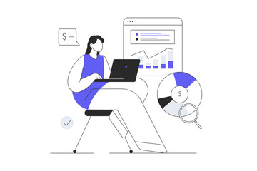 Wall Mural - virtual finance. character woman working with data charts and calculating money, making market resea