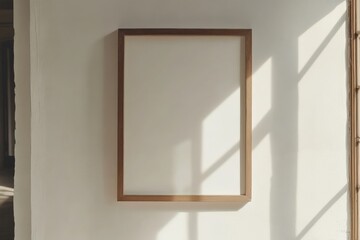 Wall Mural - Large empty wooden picture frame on white wall with soft shadows creating a modern minimalistic interior aesthetic