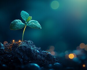 Canvas Print - Sprout growing in dark soil, glowing, bokeh background, new life concept