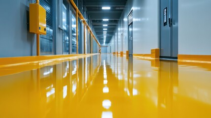 Wall Mural - Bright yellow floor in a modern industrial corridor.