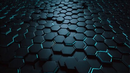 A surface covered with black hexagonal tiles, each outlined by a faint, glowing cyan light.