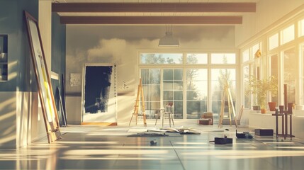 Aufkleber - A sunlit art studio with easels, paintings, and scattered supplies, inviting creativity.