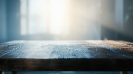 Aufkleber - A sunlit wooden table in a softly illuminated room, creating a serene atmosphere.