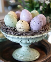 A bowl filled with numerous eggs rests on a wooden table, showcasing their smooth textures and varied colors, inviting a sense of freshness and culinary potential.