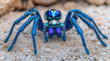 Poster - A vibrant blue spider with iridescent features on sandy ground.