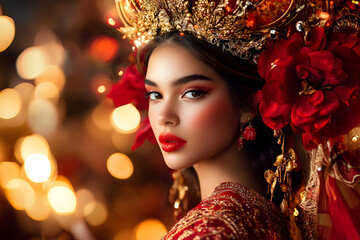 Wall Mural - Young woman in luxurious red and gold clothes at Mardi Gras festival