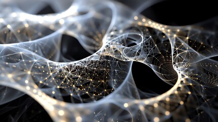 Canvas Print - a 3d rendering of a white, translucent web with glowing gold dots.