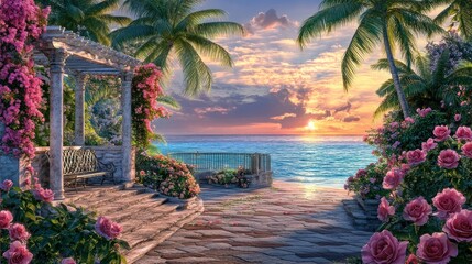 Wall Mural - Tropical sunset beach gazebo roses