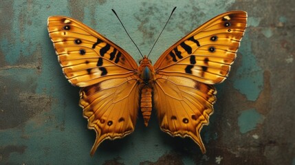 Poster - A vibrant orange butterfly displayed on a textured surface, showcasing its intricate patterns.