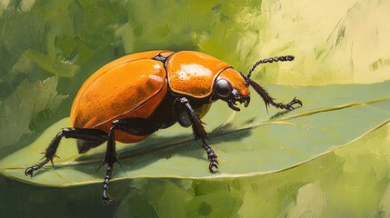 Poster - A vibrant orange beetle perched on a green leaf, showcasing detailed artistic rendering.