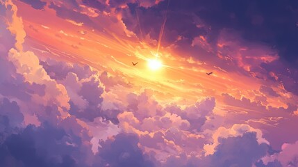 Aufkleber - A vibrant sunset over fluffy clouds, with rays of light breaking through.