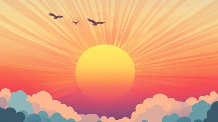 Poster - A vibrant sunset with rays shining through colorful clouds and birds flying.
