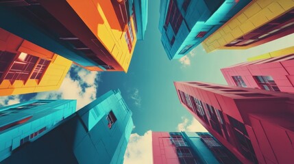Poster - A vibrant view of colorful buildings against a bright sky, showcasing modern architecture.