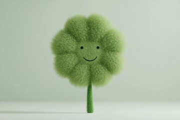 Wall Mural - Cute green fluffy tree illustration with a smiling face, representing environmental friendliness and optimism Perfect for eco friendly themes and children s content