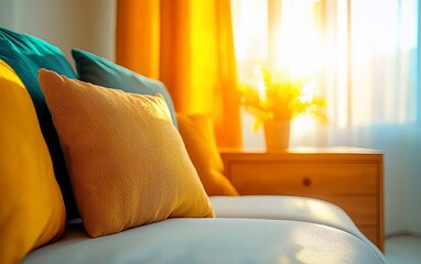 Canvas Print - Sunny living room, couch pillows, morning light, home decor, interior design