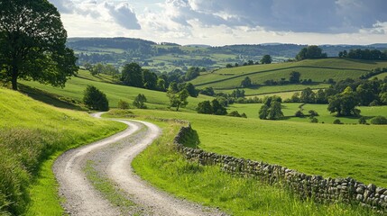 Wall Mural - Serene Country Road Curving Through Lush Green Hills and Fields