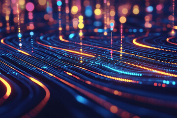 Digital Flow: An abstract illustration of vibrant, flowing data streams and networks, a dynamic representation of modern technology and connectivity. The blue background enhances the visual impact.  