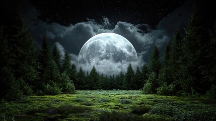 Wall Mural - Full moon over forest at night, magical scene