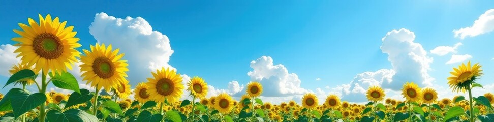 Wall Mural - Tall sunflowers sway gently in the breeze against a brilliant blue sky with just a few wispy clouds, nature, sky, cloud