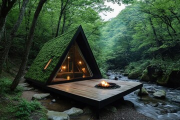 Wall Mural - A-frame cabin with moss roof by stream, fire pit on deck, forest in background