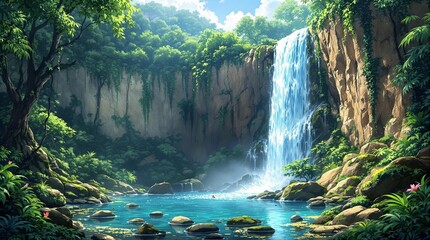 scenery of a beautiful waterfall in the forest anime style