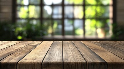 Poster - A wooden tabletop with a blurred green background, ideal for presentations or product displays.