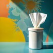 © LIDIIA - Summer cleaning supplies. White sanitizing wipes container against artistic beach sunset backdrop with decorative sun rays.