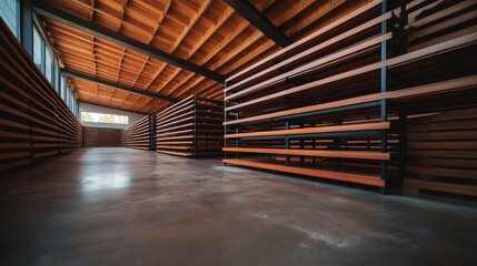 Poster - Library interior features towering wooden shelves illuminated by soft, cool light, creating a tranquil atmosphere with floating dust motes and inviting space