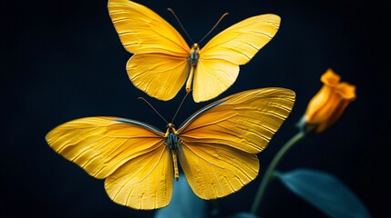 Poster - Gentle Butterflies Fluttering around a Blossom on a Dark Background Artistic Presentation.