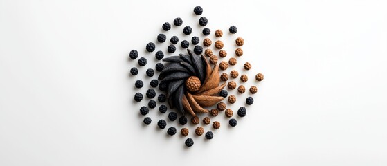 A collection of small, dark and light brown objects arranged in a circular pattern on a white background.
